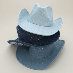 Blue Denim Rhinestone Embellished Western Cowboy Fedora Hat